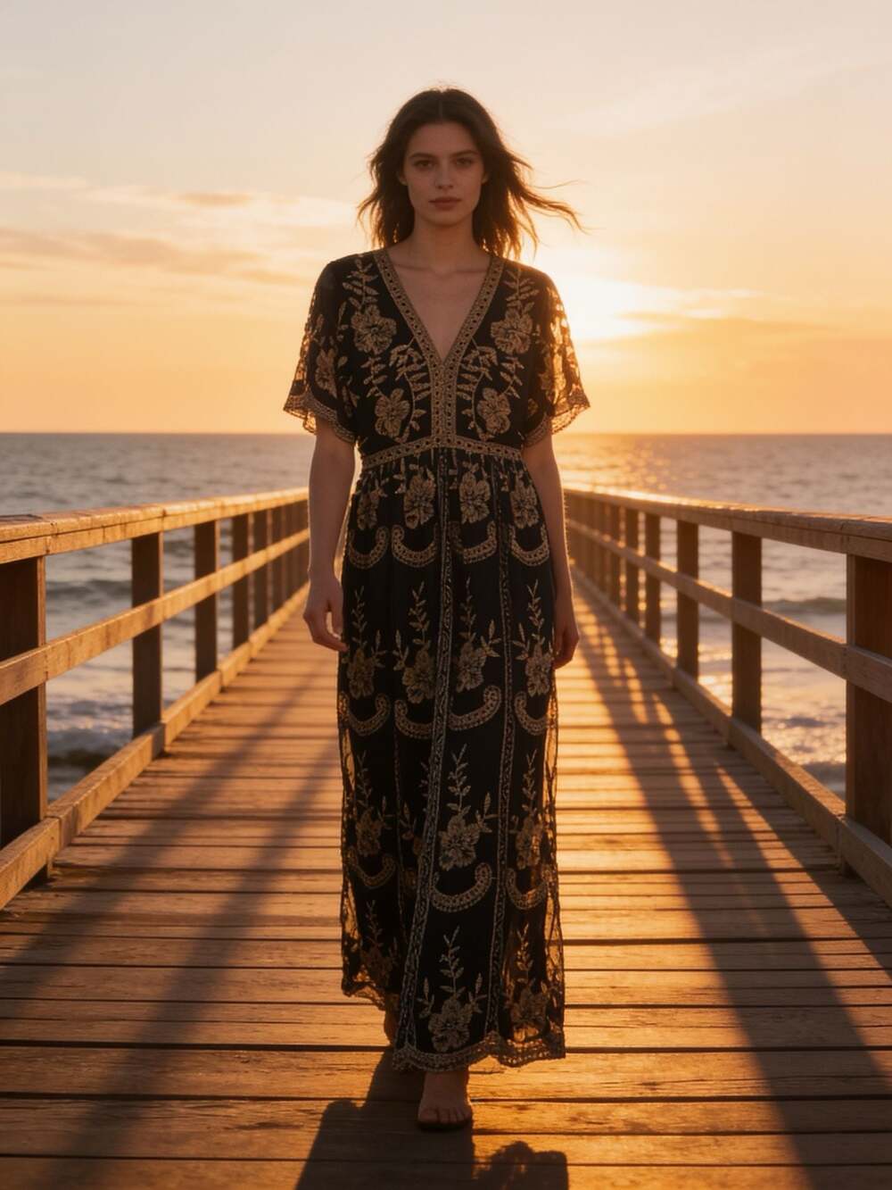Altar'd State Black Floral Embroidered Mesh Maxi Dress Medium